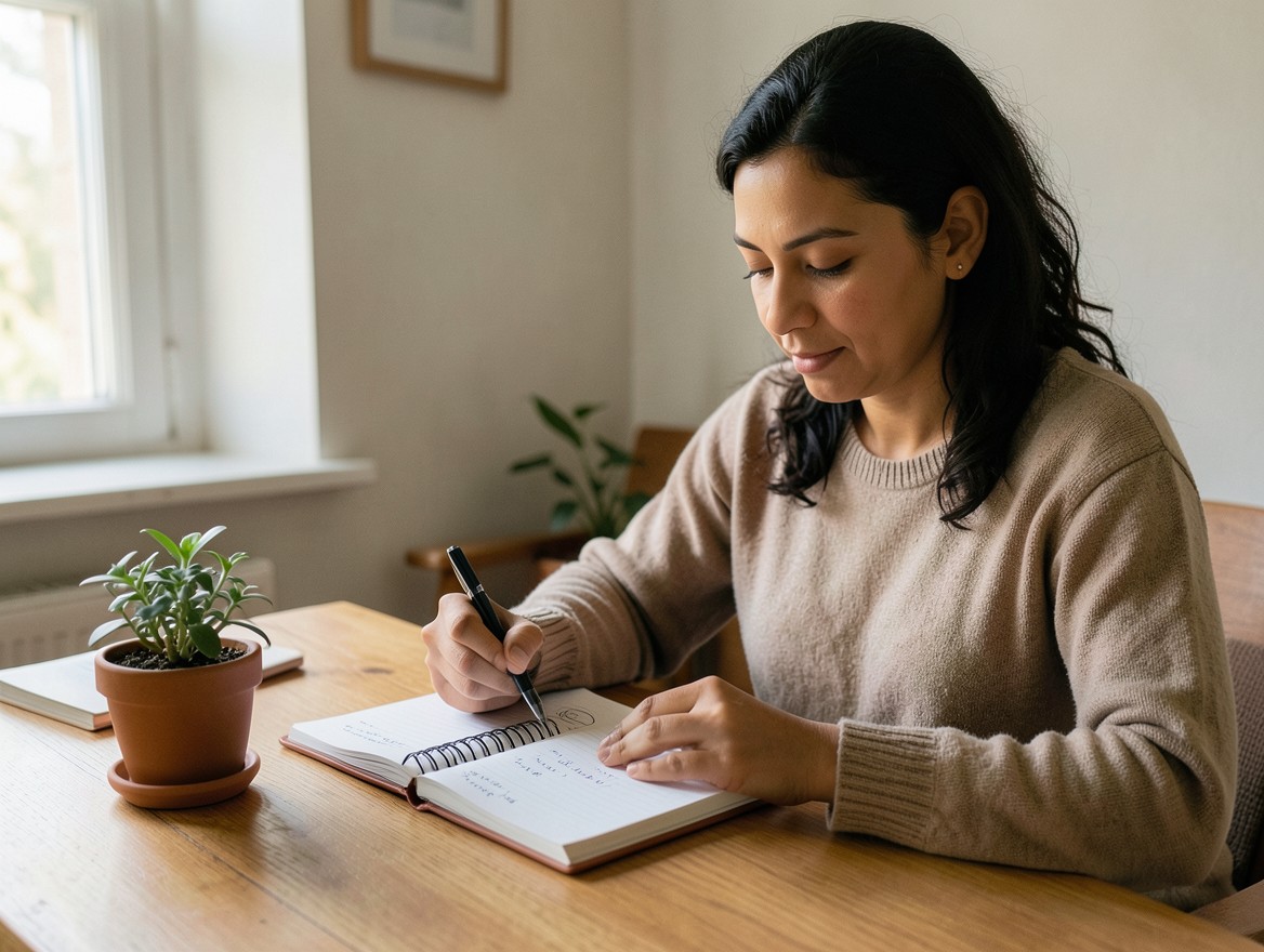 Mujer escribiendo sus metas de ahorro